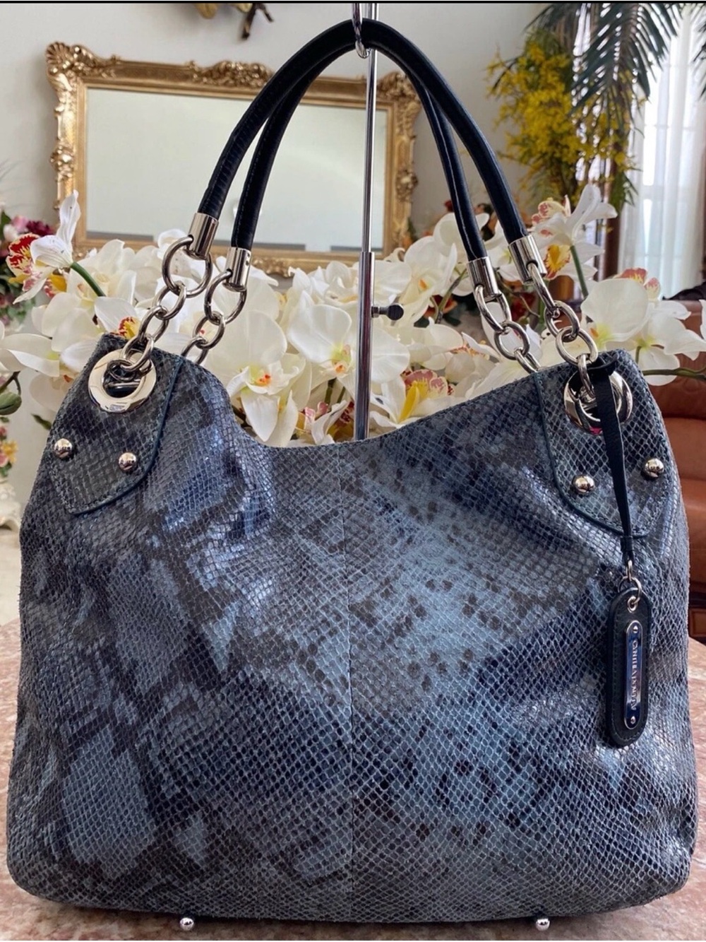 Cynthia Rowley Python Snake Leather Embossed Chain Link Shoulder Bag.